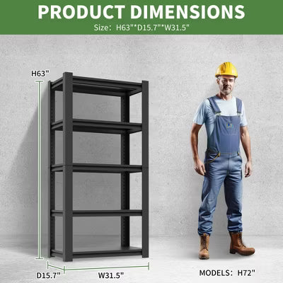 Munora 63"H 5-Tier Garage Storage Shelving Unit, Adjustable Heavy Duty Metal Rack, 2000 lbs Capacity, Powder-Coated Steel, 31.5"W x 15.75"D, Black
