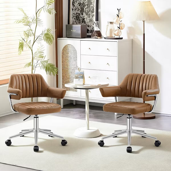 KERDOM Modern Swivel Office Desk Chair, PU Leather Chair Height Adjustable, Simple Assembly, Camle