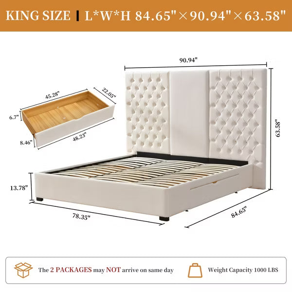 King Platform Bed Frame with Storage Drawers Velvet Upholstered 63" Tall Button Tufted Headboard,Wooden Slats,No Box Spring Needed,Easy Assembly,Cream