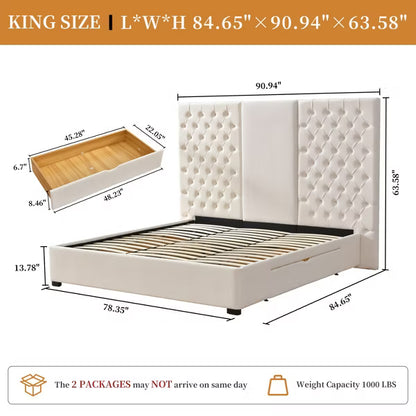 King Platform Bed Frame with Storage Drawers Velvet Upholstered 63" Tall Button Tufted Headboard,Wooden Slats,No Box Spring Needed,Easy Assembly,Cream