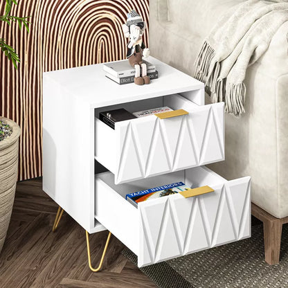 CIPACHO 2 White Modern Bedroom Night Stands with 2 Drawers Wood & Golden Metal Legs Also for Living Room