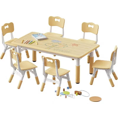 Kinder King Kids Wood Table & 2 Chairs Set, 4 in 1 Children Activity Table w/Double Bookcase, Toddler Furniture Set, Natural