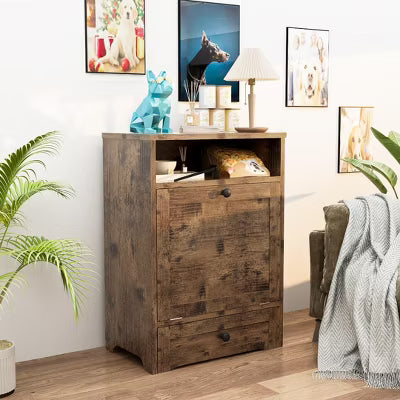 Hooseng Modern Dog Food Station Furniture, Stainless Steel Double Pull Out Heightening Dog Bowl, Pet Feeding Station Storage Cabinets