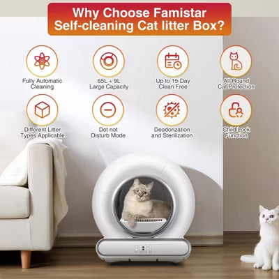 Self Cleaning Litter Box, 65 L+9L Automatic Cat Litter Box Self Cleaning for Multiple Cats, with Safety Protection, App Control,2 Roll Garbage Bags