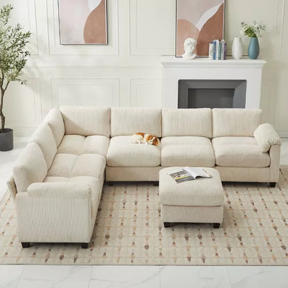 Hyleory 115" Corduroy Oversized Modular Sectional Sofa, U Shaped Couch with Movable Ottoman, Large 7 Seater Corner Sofa for Living Room
