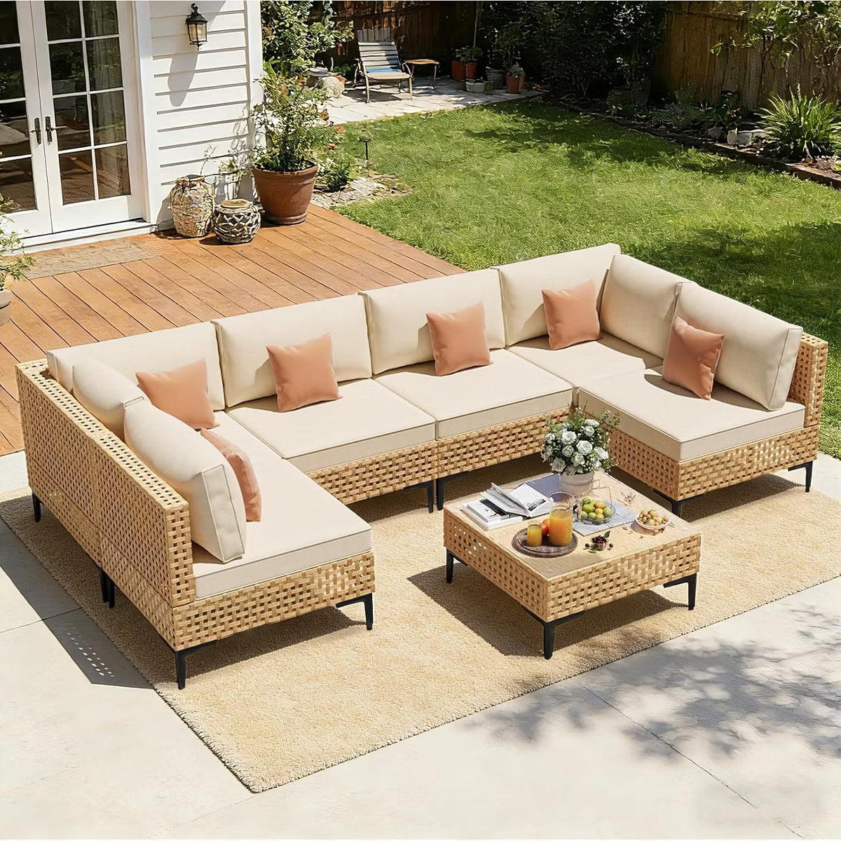 BOSMILLER 7 PCs Outdoor Sectional Sofa Set, Boho Wicker Rattan Patio Furniture with Cushions & Table for Patio, Lawn, Backyard, Porch