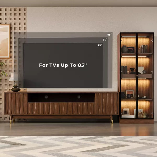 ATJafurn 3-Piece Entertainment Center, Mid-Century Modern Living Room Furniture Wood TV Stand and Coffee Table Set with Glass Display Cabinet