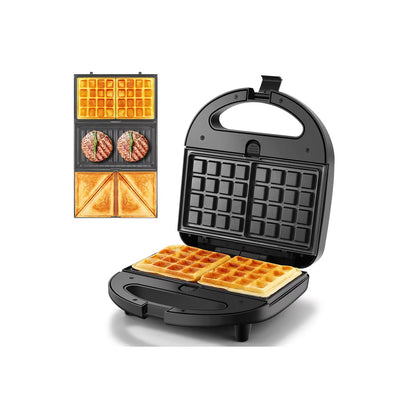 OSTBA 3-in-1 Sandwich Maker, Panini Press, Waffle Iron with 3 Removable Non-Stick Plates, 750W Toaster for Sandwiches, Grilled Cheese, Steak — Black