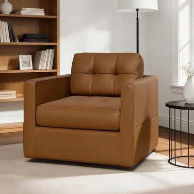 KERDOM Modern Modern Faux Leather Armchair, Swivel Accent Armchair with Back Cushion, Sturdy Frame, Brown