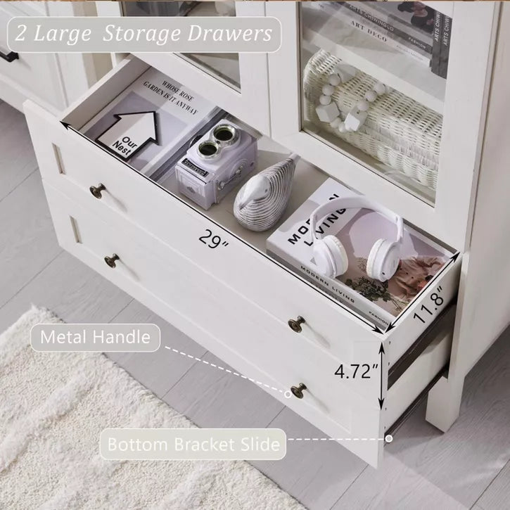 71″ Tall Arched Pantry Cabinet with 2 Drawers & Adjustable Shelves & Glass Doors, Modern Farmhouse Kitchen Storage Cabinet
