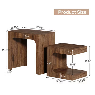 Resenkos Modern Nesting Side Table Set, 2 - Piece Wooden End Tables, Open - Shelf Living Room Storage, Dark Brown Finish