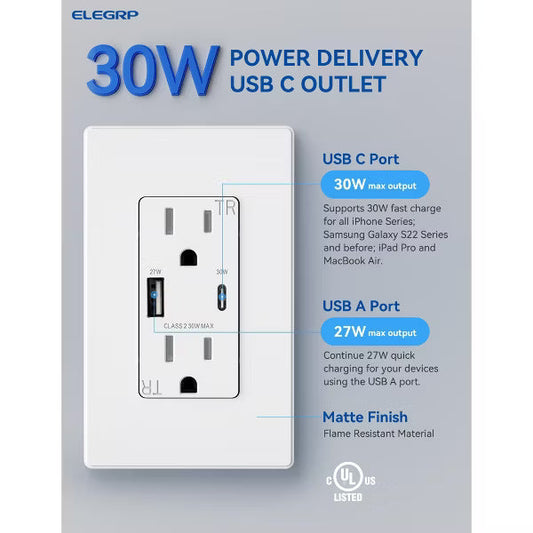 ELEGRP 30W USB Outlets Receptacles, 15 Amp Outlet with USB C and USB A Ports for Support Fast Charge Protocols,w/Wall Plate, UL Listed,White,1 Pack