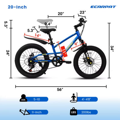AENKYO 20-Inch Kids Mountain Bike for Boys & Girls, 7-Speed Shimano Children Mountain Bike with Fenders Easy Assembly - Blue Youth Bicycle