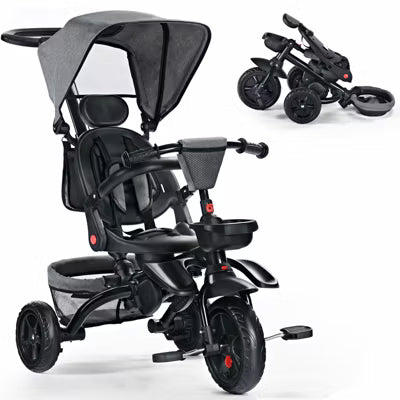 TODECARE 7-in-1 Baby Folding Stroller Tricycle with Adjustable Push Handle and Canopy