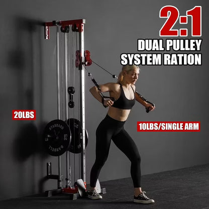 ER KANG Cable Station Wall Mount, Cable Machine with Dual Pulley System, LAT Pull-Down & LAT Row LAT Tower, Home Gym Cable Crossover(Red)