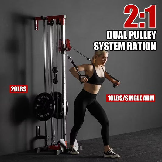 ER KANG Cable Station Wall Mount, Cable Machine with Dual Pulley System, LAT Pull-Down & LAT Row LAT Tower, Home Gym Cable Crossover(Red)