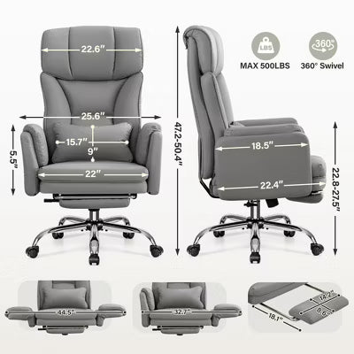KERDOM High Back Executive Office Chair, Big and Tall PU Leather Desk Chair With Adjustable Height, Padded Armrests And Footrest, Gray