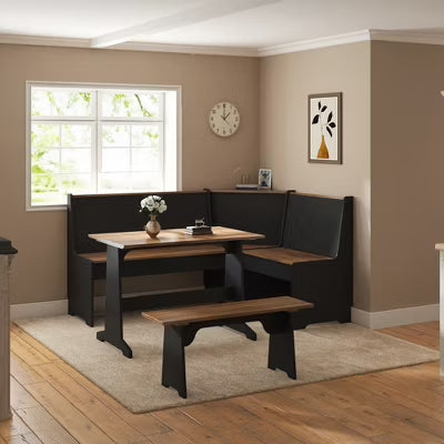 AMERLIFE 3-Piece Breakfast Nook Set with L-Shaped Corner Bench & Hidden Storage, Space-Saving Kitchen Dining Table, Black & Oak