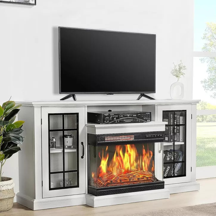 AMERLIFE 3-Sided Glass Fireplace TV Stand with LED Lights ,Fireplace Media Entertainment Center Console Cabinet Table with Glass Door Closed Storage
