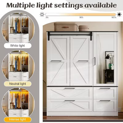 PAKASEPT 73" H Farmhouse Armoire Wardrobe Closet with Sliding Barn Door, LED Lights, Hanging Rod and 4 Drawers, Freestanding Wooden Wardrobe Closets