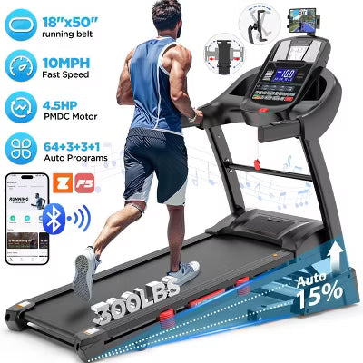 15% Auto Incline Folding Treadmill for Home, 4.5HP Quiet Motor, 300LB, Compact Walking Running Machine with App Control, 71 Programs & Bluetooth