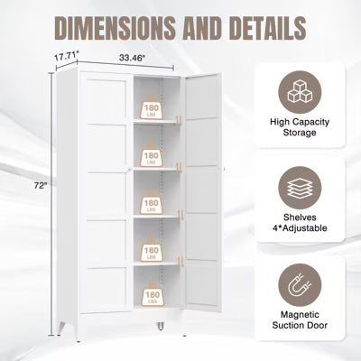 Mlezan 72" Metal Cabinet: 2 Doors, 4 Adjustable Shelves. Pantry Storage for Kitchen, Dining Room, or Living Room. Versatile and Functional.