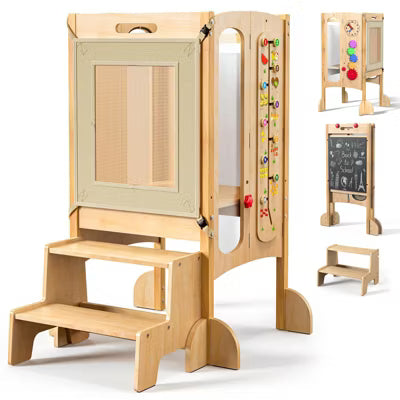 KOLIGEY Foldable Toddler Tower, Kitchen Stool Helper, Toddler Standing Tower for Kids with Safety Net, Adjustable Height