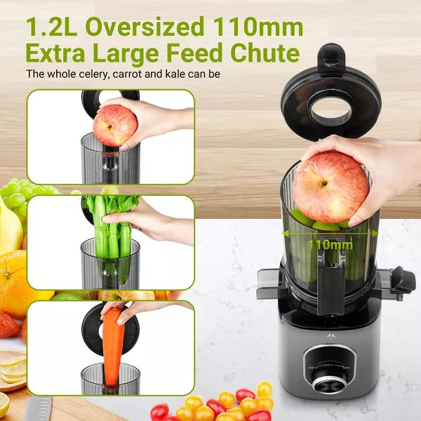 Masticating Juicer, 4.35 inch Cold Press Juicer, 8-stage Spiral 50RPM Slow Masticating for Whole Fruits &Vegetables, BPA Free, Reverse Function