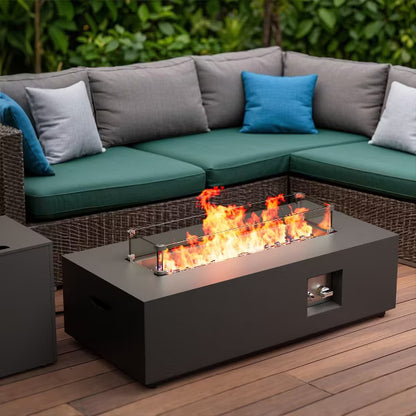 Evita 50,000 BTU Outdoor Fire Pit Table with Propane Tank, Windshield, Glass Stone and Rain Cover-42*20*12 Inch, Black