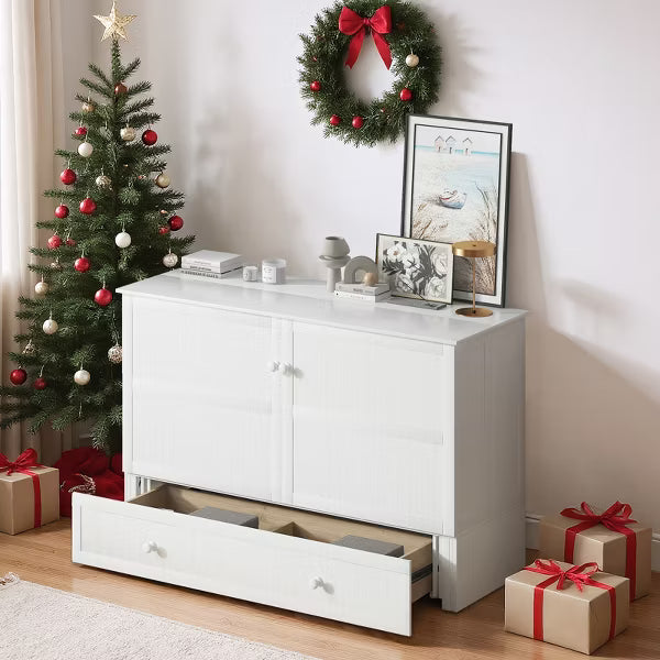 Mjkone Queen Murphy Bed Cabinet with Built-in Charging Station and Drawer,Trifold Mattress, Modern Murphy Cube Chest Bed