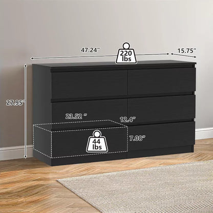 CIPACHO Modern BLACK 6 Drawer Double Dresser Roomy Storage Chest Great for Bedroom Closet Living Room
