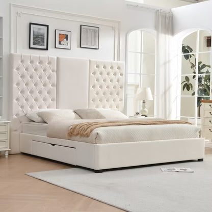 King Platform Bed Frame with Storage Drawers Velvet Upholstered 63" Tall Button Tufted Headboard,Wooden Slats,No Box Spring Needed,Easy Assembly,Cream