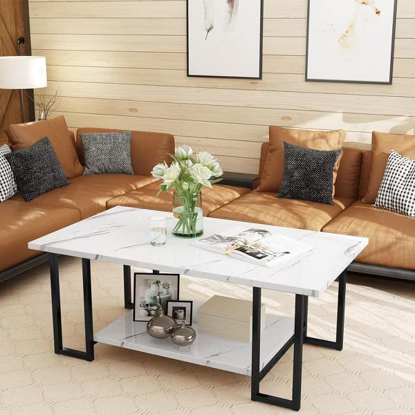 Hooseng 40 Inch Living Room Faux Marble Coffee Table, Top Rectangular 2-Tier Coffee Table with Black Metal Frame for Office