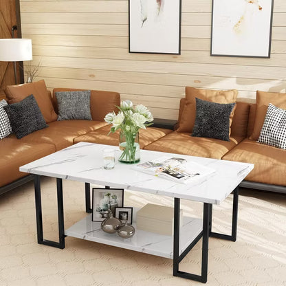 Hooseng 40 Inch Living Room Faux Marble Coffee Table, Top Rectangular 2-Tier Coffee Table with Black Metal Frame for Office