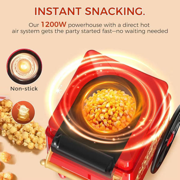 OSTBA 1200W Air Popcorn Maker, 12-Cup Oil-Free Hot Air Popper with Retro Design, Butter Tray & One-Button Control for Home & Party Use