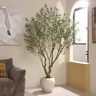 DR.Planzen Lifelike 6ft Artificial Olive Tree with Dual Trunk Design, White Round Planter Faux Olive Tree for Indoor Outdoor Home Decor