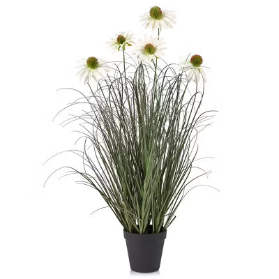 Dr.Planzen Artificial Onion Grass with White Daisy in Pot - 2ft /3ft Faux Potted Plant - Maintenance-Free Home Decor, Pet & Allergy Safe