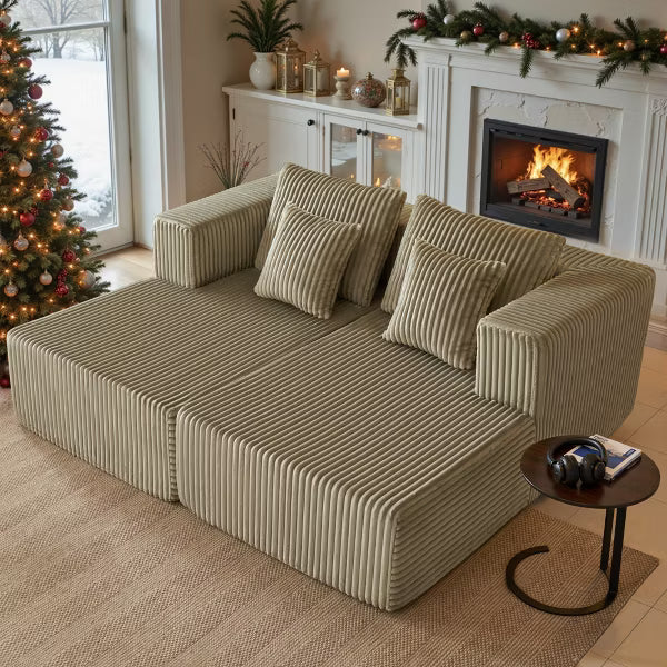 JOYRACER Oversized Chaise Lounge Chair, Corduroy Upholstered Sleeper Sofa with 4 Throw Pillows and Wide Armrest for Living Room