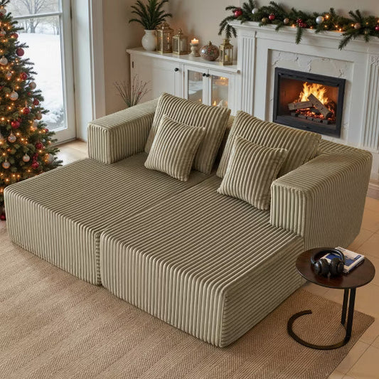 JOYRACER Oversized Chaise Lounge Chair, Corduroy Upholstered Sleeper Sofa with 4 Throw Pillows and Wide Armrest for Living Room
