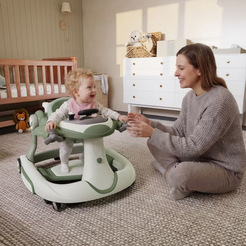 Kinder King 5-in-1 Baby Activity Walker, Convertible Push & Sit-in Walker with Adjustable Height, Foldable, Stable Design, Green