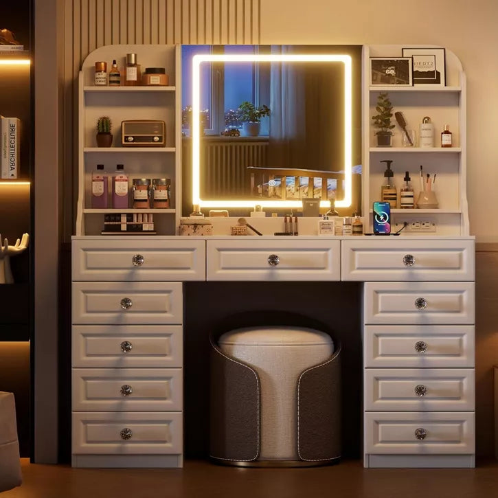 PAKASEPT 47"W Large Makeup Vanity Table with 11 Drawers, Glass Top Vanity Desk With Mirror and LED Lights, 7 Storage Shelves, Charging Station