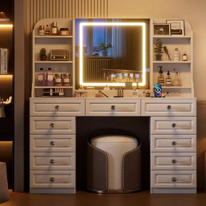 PAKASEPT 47"W Large Makeup Vanity Table with 11 Drawers, Glass Top Vanity Desk With Mirror and LED Lights, 7 Storage Shelves, Charging Station