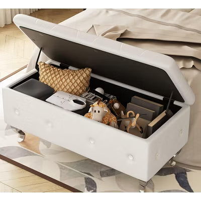 Hooseng End of Bed Storage Bench Safety, PU Storage Bench with Button Tufted, Storage Ottoman Bench with Flipping Lid and Storage