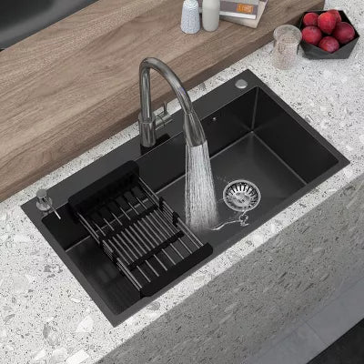 CHEVNI Black Kitchen Sink Stainless Steel Single Bowl With Faucet Drop In Top Mount