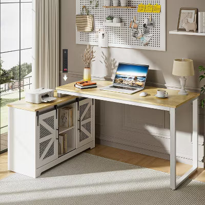 KOLIGEY Rustic Corner Desk with Storage, L Shaped Farmhouse Office Desk with Sufficient Storage Capacity