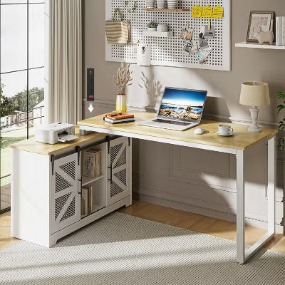 KOLIGEY Rustic Corner Desk with Storage, L Shaped Farmhouse Office Desk with Sufficient Storage Capacity