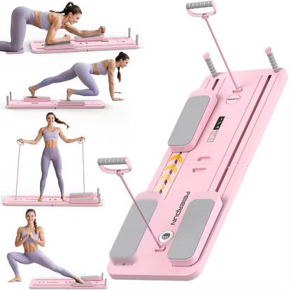 FEIERDUN 5 in 1 Folding Pilates Board, Pilates Reformer Set with 300 LBS Weight Capacity, Portable Home Pilates for Woman (Pink）