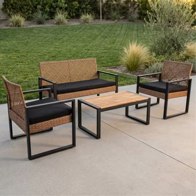Wicker Patio Furniture Outdoor Conversation Set of 4, Rattan Outdoor Furniture Set with Acacia Wood Table, Sofa & 2 Armchairs for Patio, Porch