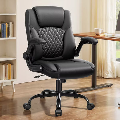 PU Leather Executive Office Chair, Ergonomic High Back Office Chair with Adjustable Height, Flip-Up Armrests Comfortable Seat for Home Office，Black