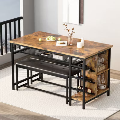 Hooseng 3 Pieces Dining Table Set, Space Saving Dining Table Set for 2-4 People, Kitchen Table Set with Wine Rack Glass Holder and Storage Shelf